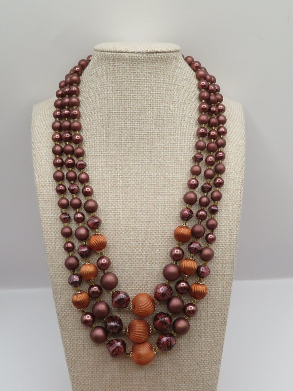 Vintage Japan Copper Brown Orange Tone Triple Strand Beaded Necklace